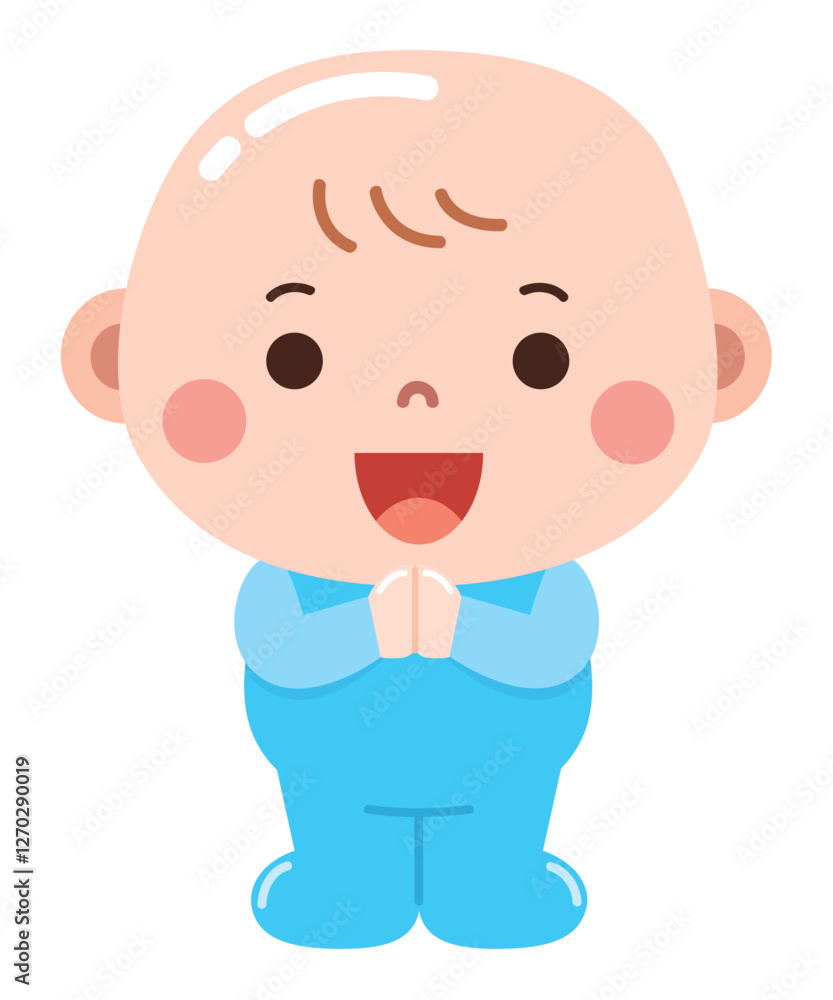 A cute and cheerful cartoon illustration of a baby dressed in a blue outfit, standing with hands clasped together and a joyful expression. A cute and cheerful cartoon illustration of a baby dressed in a blue outfit, standing with hands clasped together and a joyful expression.