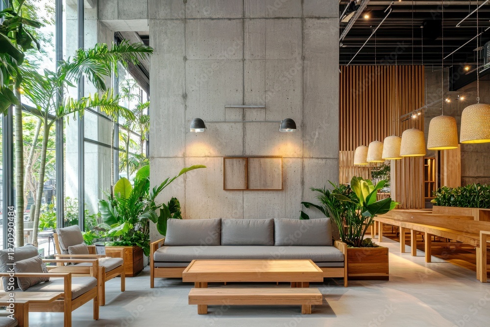 Modern interior design of a trendy lounge with natural light, greenery, minimalist furniture, and warm tones in a stylish urban cafe environment