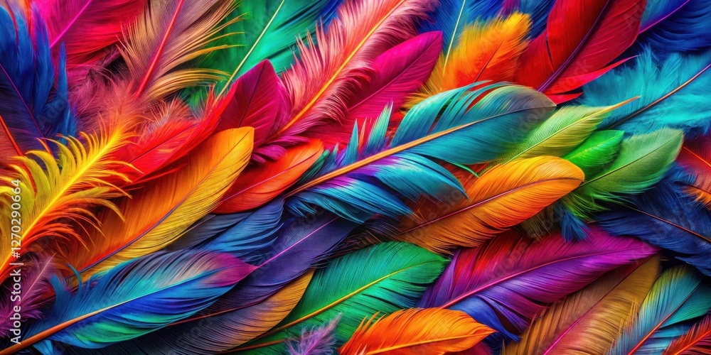Vibrant, geometric-inspired feathers overlap in a dynamic arrangement of contrasting colors, creating a striking visual effect that embodies energy and movement, vibrant hues, colorful motifs Vibrant, geometric-inspired feathers overlap in a dynamic arrangement of contrasting colors, creating a striking visual effect that embodies energy and movement, vibrant hues, colorful motifs