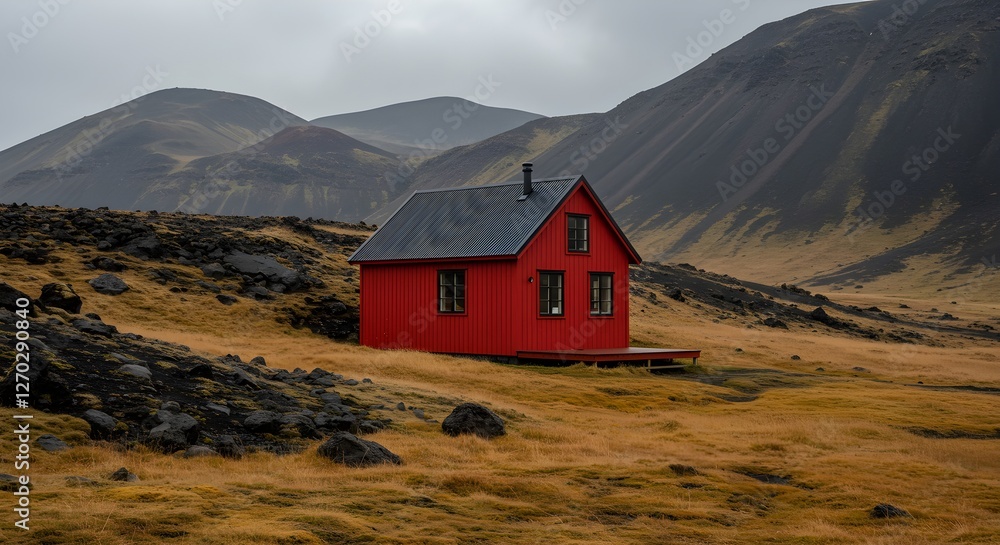 Red Cabin Amid Rocky Mountain Terrain With Overcast Sky Background Red Cabin Amid Rocky Mountain Terrain With Overcast Sky Background