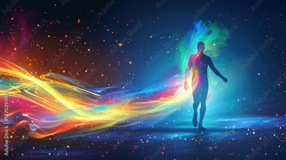 A Vibrant Abstract Representation of Energy and Movement Illustrating a Human Figure Surrounded by Colorful Light Trails and Cosmic Particles in a Dark Background A Vibrant Abstract Representation of Energy and Movement Illustrating a Human Figure Surrounded by Colorful Light Trails and Cosmic Particles in a Dark Background