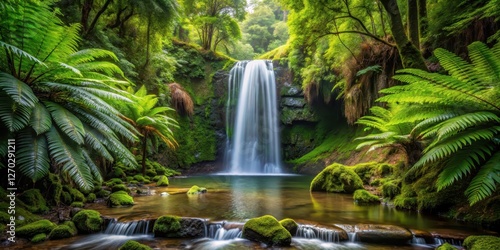 waterfall in dense forest with ferns, foliage, serene,  foliage, serene, peaceful, tranquil, verdant, mist, solitude, emerald