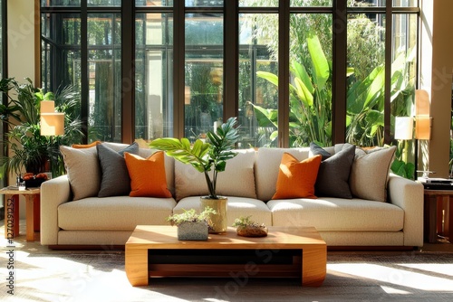 Cozy and Inviting Living Room with Bright Natural Light  Stylish Sofa  Modern Furniture  and Lush Indoor Plants in a Contemporary Setting