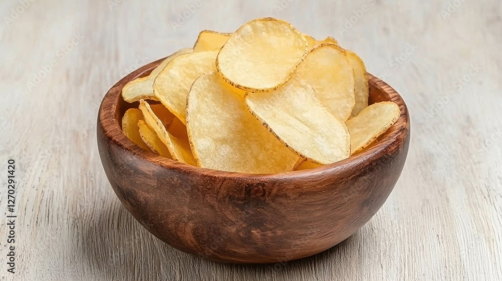 Crispy Potato Chips in a Rustic Wooden Bowl on a Light Surface Crispy Potato Chips in a Rustic Wooden Bowl on a Light Surface