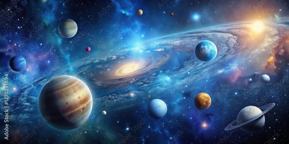 Naklejka premium A majestic starry night sky with numerous galaxies and planets in various stages of brightness, set against a deep blue background , stars, planetary system