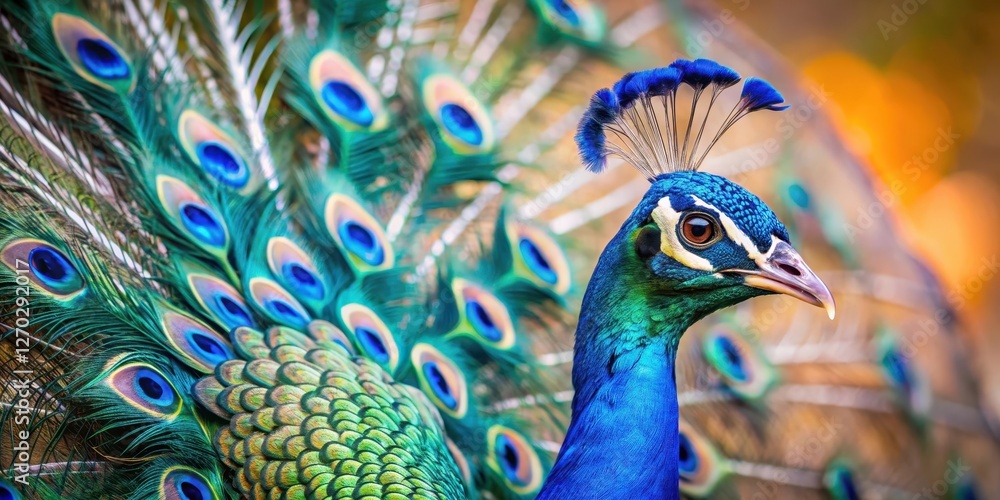 Obraz premium A majestic blue peacock with vibrant plumage and intricate feather patterns, showcasing its striking beauty against a neutral background, bird, bold colors