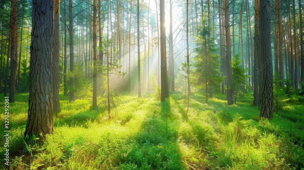 Fototapeta premium Serene Sunlight Filtering Through Tall Trees in a Lush Green Forest Creating a Magical and Tranquil Atmosphere for Nature Lovers and Outdoor Enthusiasts