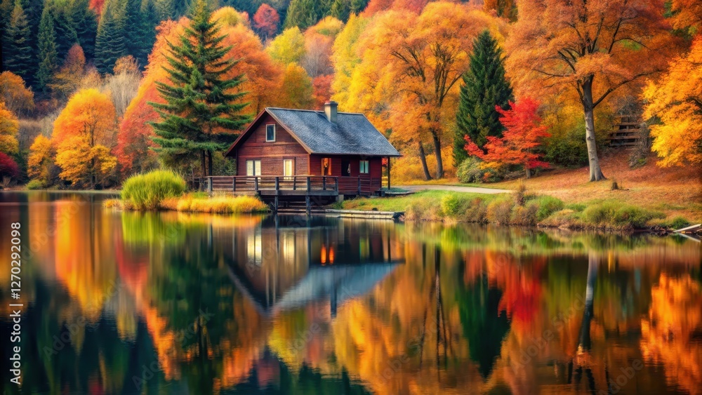 Obraz premium Autumn Cozy Cottage by Lake, serene landscape, peaceful haven , serene landscape