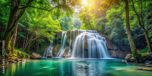 waterfall in serene forest surroundings, outdoor landscape, natural wonder
