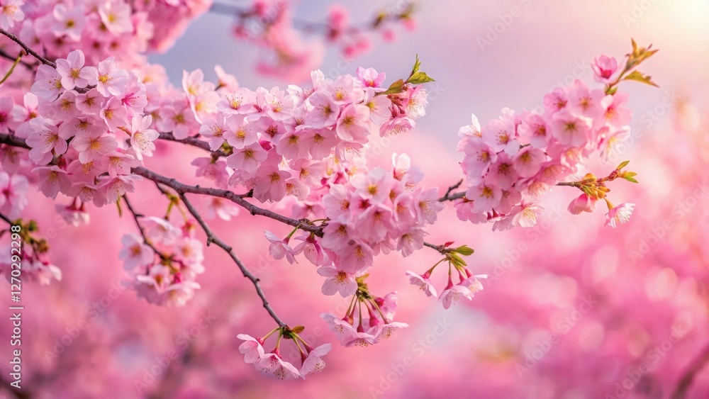 Pink cherry blossom tree in full bloom against a soft pink sky with gentle breeze, floral arrangement, blooming flowers Pink cherry blossom tree in full bloom against a soft pink sky with gentle breeze, floral arrangement, blooming flowers