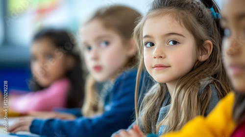 Schoolgirls in a Classroom with Natural Light from the Window, Focused and Attentive, in an Upper Body Shot with a Blurred Background and a Simple Classroom Setting