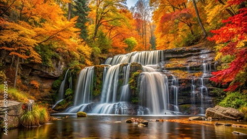 waterfall amidst autumn foliage, serene natural scene, tree foliage, autumn colors