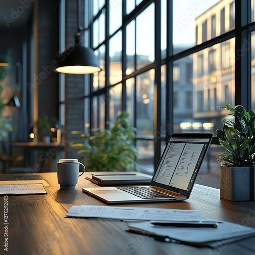 Wallpaper Mural A modern office workspace featuring a laptop, coffee cup, and plants. Natural light streams through large windows, creating a productive and inspiring atmosphere for work. Torontodigital.ca