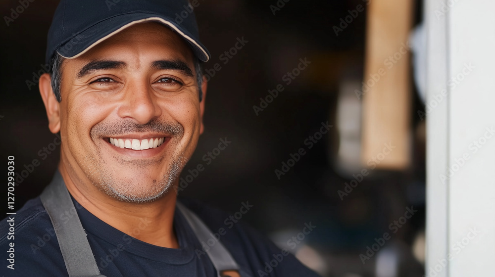 Smiling Vendor in Uniform with a Head and Shoulders Portrait Illuminated by Soft Window Light from the Left Against a Minimal Grey Backdrop Smiling Vendor in Uniform with a Head and Shoulders Portrait Illuminated by Soft Window Light from the Left Against a Minimal Grey Backdrop