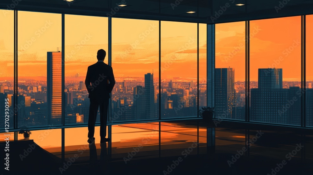 Fototapeta premium Urban Sunset: A Businessman's Contemplative Moment