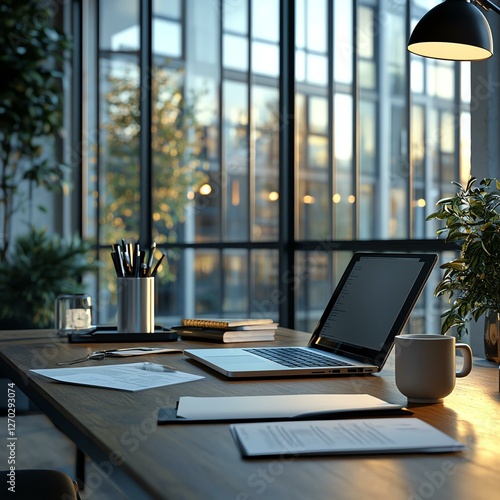 A modern workspace featuring a laptop, stationery, and a coffee mug, bathed in natural light from large windows. A perfect environment for productivity and creativity. photo