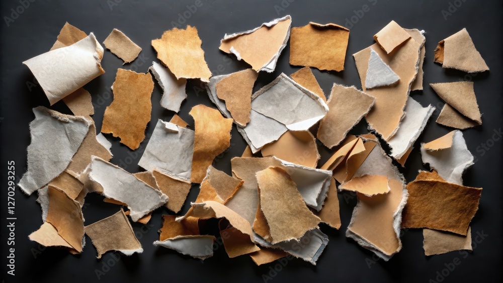 A scattered collection of torn paper pieces on a dark black background, with some fragments overlapping each other in a seemingly chaotic manner , torn papers, torn edge A scattered collection of torn paper pieces on a dark black background, with some fragments overlapping each other in a seemingly chaotic manner , torn papers, torn edge