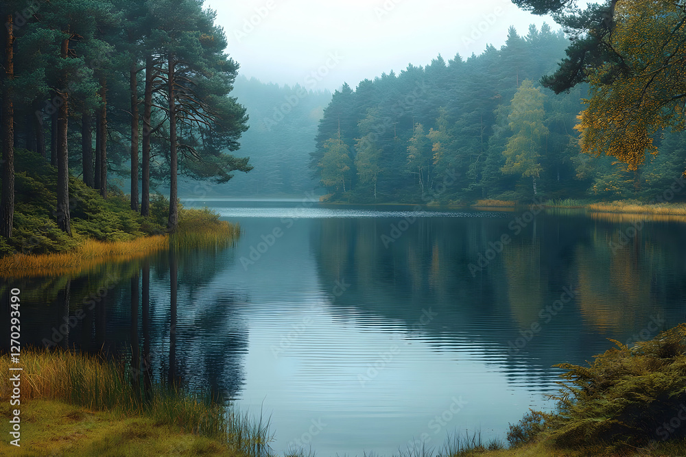 Obraz premium Misty Forest Lake Scene