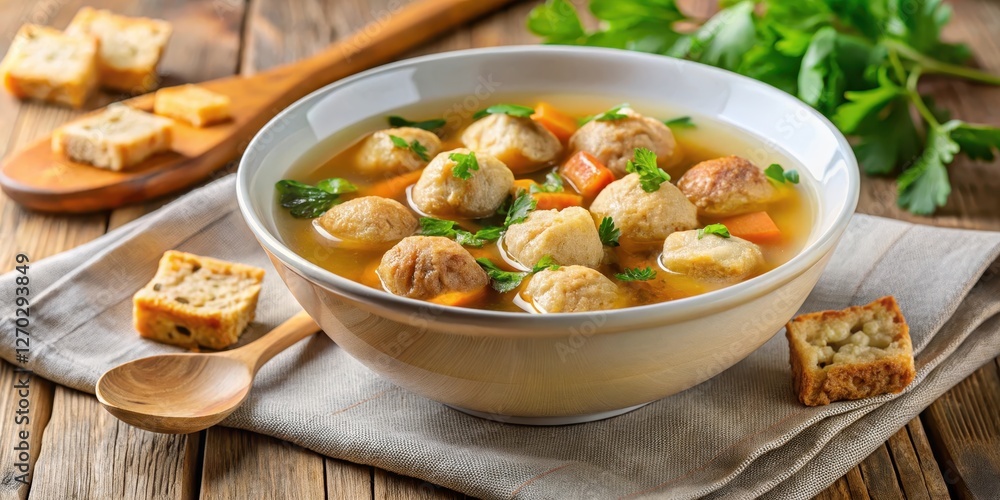 Warm Chicken Bouillon with Chicken Meatballs and Crispy Croutons in a Bowl, soup, croutons, soup, croutons,chicken soup Warm Chicken Bouillon with Chicken Meatballs and Crispy Croutons in a Bowl, soup, croutons, soup, croutons,chicken soup
