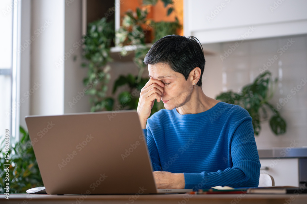 Exhausted mature woman leans near laptop at home, overwhelmed by tasks, suffers fatigue and sleeplessness. Female with strained eyes, aching back from remote work and prolonged screen exposure Exhausted mature woman leans near laptop at home, overwhelmed by tasks, suffers fatigue and sleeplessness. Female with strained eyes, aching back from remote work and prolonged screen exposure