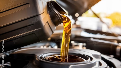 An engine oil being poured into a car engine, showcasing maintenance and care for vehicle performance, Motor oil pouring oil lubricant motor car from bottle.Car maintenance service , Engine oil pourin photo