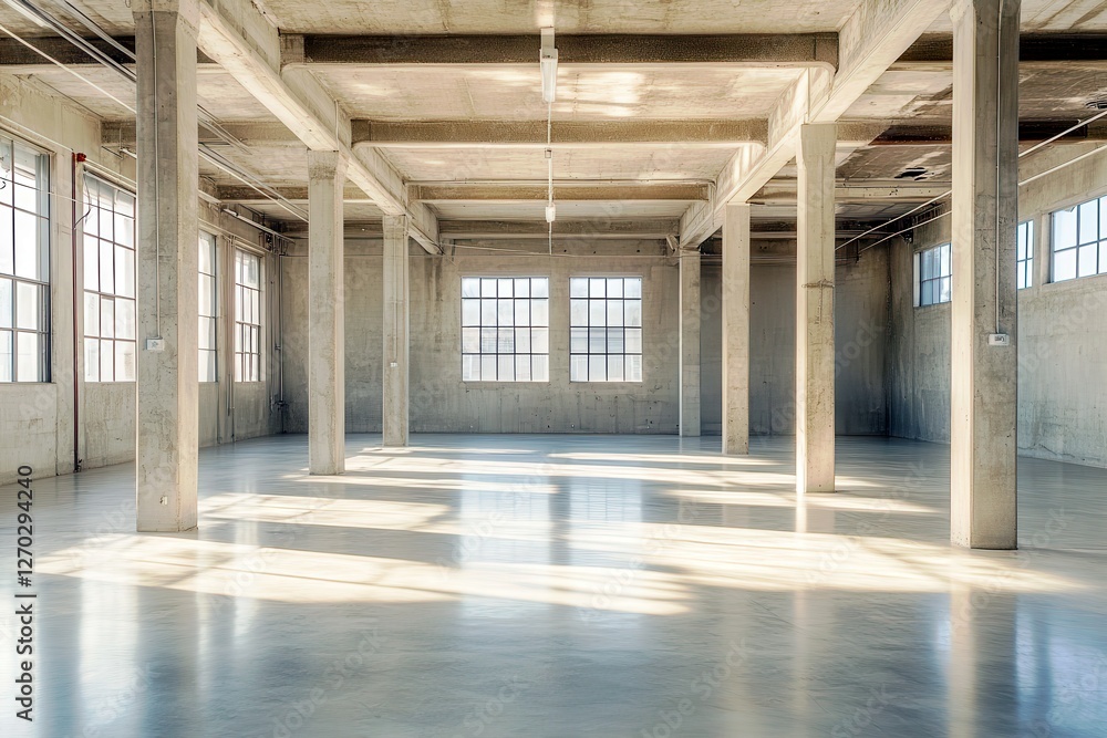 Spacious and Bright Empty Warehouse Interior with Huge Windows and Natural Light, Ideal for Artistic Projects and Commercial Use Spacious and Bright Empty Warehouse Interior with Huge Windows and Natural Light, Ideal for Artistic Projects and Commercial Use