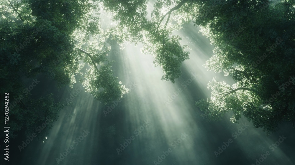 Obraz premium Sunbeam Rays Through Trees with Soft Natural Light – Abstract background