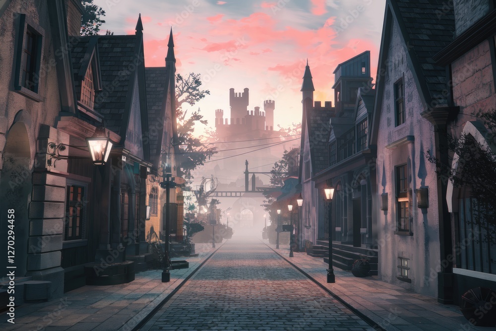 Naklejka premium Gothic Architecture, Cobblestone Street, Romantic Sunset with distant Castle, Digital Art Style, atmospheric, soft pink and blue tones