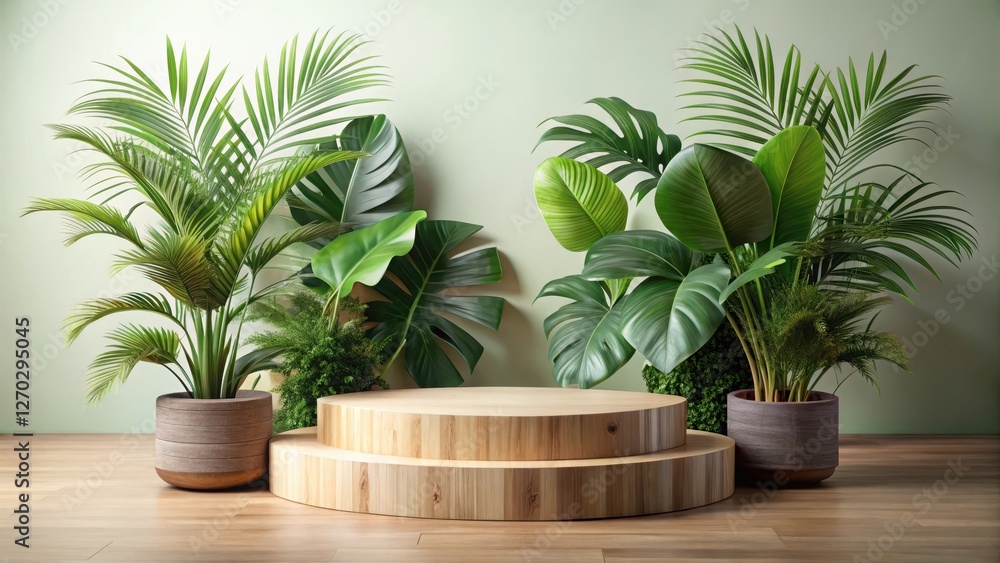 A natural wooden pedestal with various tropical leaves arranged artfully around it, creating a visually appealing display , natural podium, tropical leaves A natural wooden pedestal with various tropical leaves arranged artfully around it, creating a visually appealing display , natural podium, tropical leaves