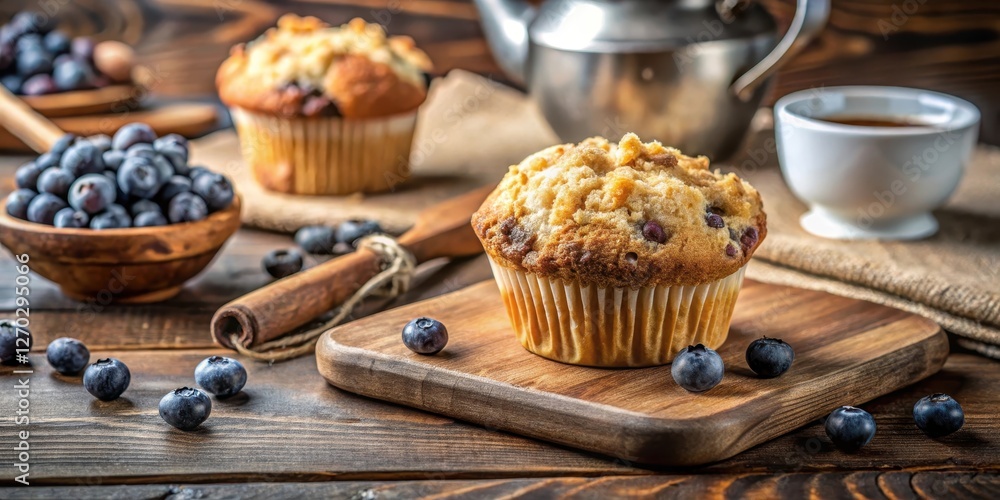 Freshly baked homemade blueberry muffin with a crumb topping on a wooden cutting board, surrounded by baking utensils and a rustic kitchen background , blueberry muffin, pastry Freshly baked homemade blueberry muffin with a crumb topping on a wooden cutting board, surrounded by baking utensils and a rustic kitchen background , blueberry muffin, pastry