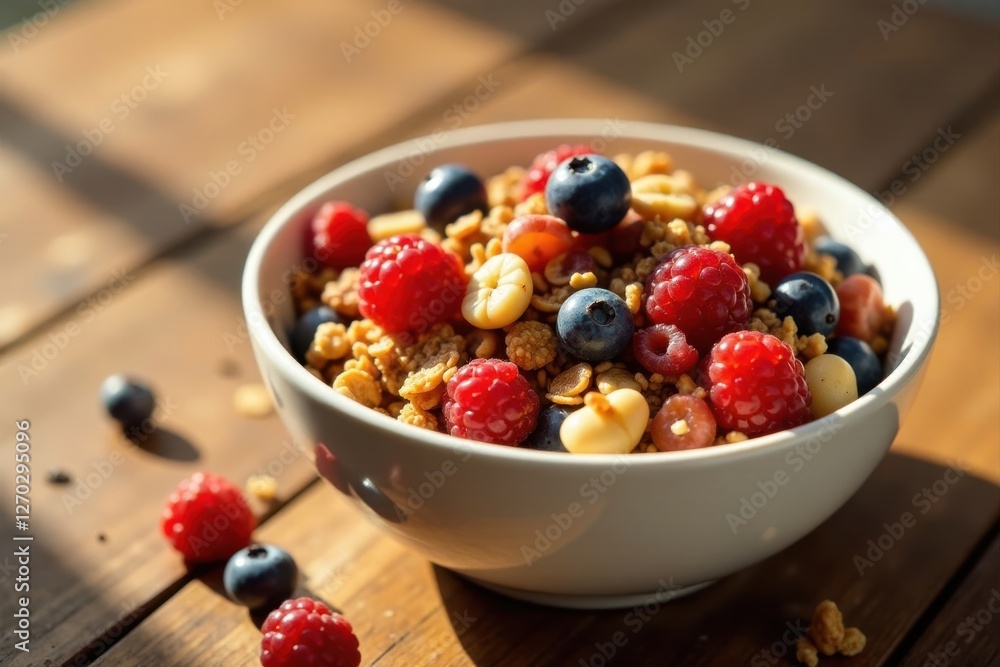 A bowl of crunchy granola, plump raspberries, and juicy blueberries, bathed in sunlight on a rustic wooden table, a delightful and healthy breakfast A bowl of crunchy granola, plump raspberries, and juicy blueberries, bathed in sunlight on a rustic wooden table, a delightful and healthy breakfast