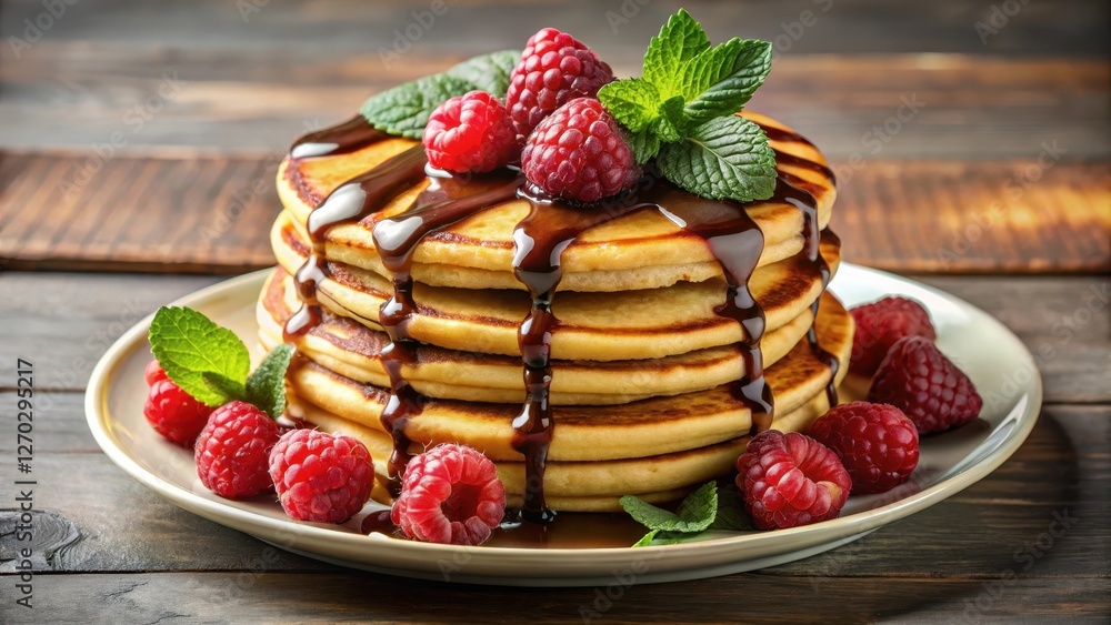 Pancakes with Chocolate Sauce and Raspberries on a Plate, food styling Pancakes with Chocolate Sauce and Raspberries on a Plate, food styling