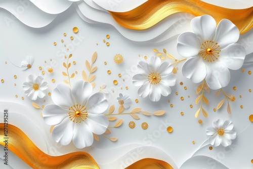 White Paper Flowers and Golden Ribbon on White Background