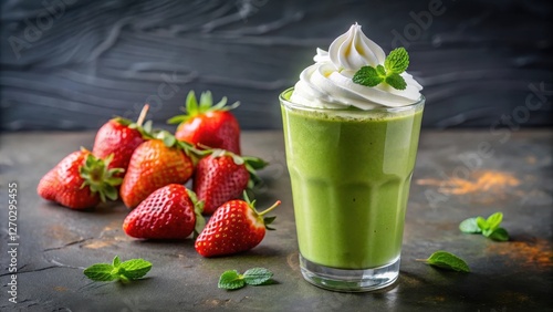 A vibrant green smoothie made with matcha green tea, topped with a generous dollop of fluffy whipped cream and sliced fresh strawberries on a modern glass table , refreshing drink, matcha