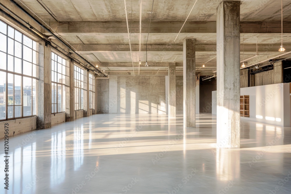 Spacious modern interior with large windows, natural light, polished concrete floor, and industrial architecture, perfect for creative space or studio rental Spacious modern interior with large windows, natural light, polished concrete floor, and industrial architecture, perfect for creative space or studio rental