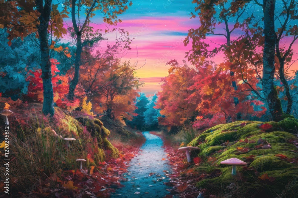 Dreamy, Vibrant Forest with Pink Sky, Mossy Hills, and Mushrooms in Whimsical Art Style Dreamy, Vibrant Forest with Pink Sky, Mossy Hills, and Mushrooms in Whimsical Art Style