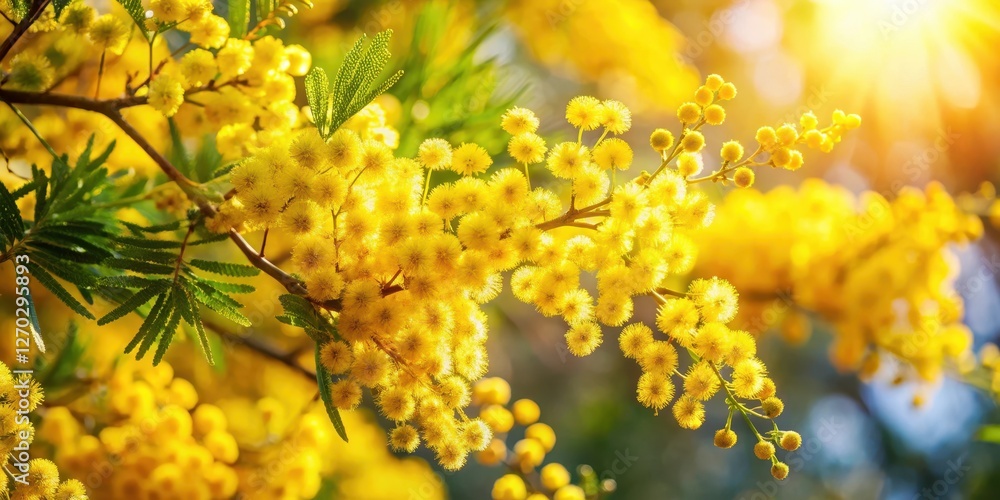 Yellow Australian Wattle flowers blooming in a bush with leaves and branches on a sunny background Yellow Australian Wattle flowers blooming in a bush with leaves and branches on a sunny background