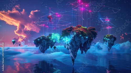 Ethereal Floating Islands Surrounded by Luminous Clouds and Starry Sky, Capturing a Dreamlike Sci-Fi Environment with Neon Lights and Vibrant Nature Elements