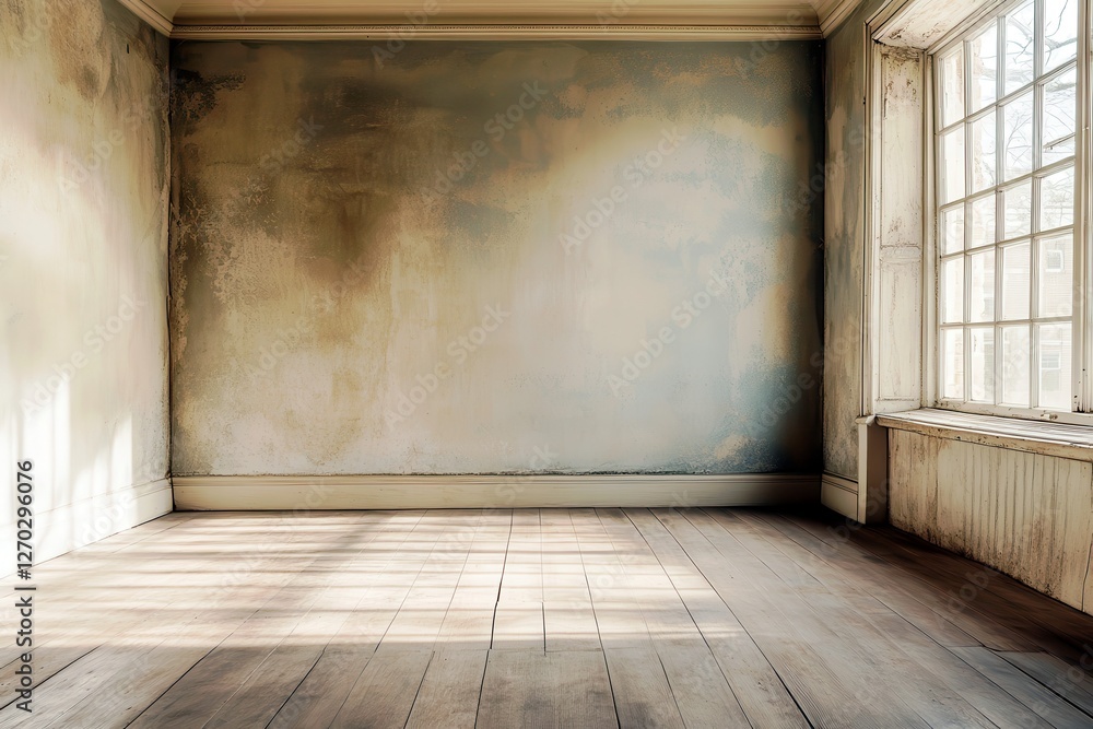 Empty Room with Old Weathered Walls and Sunlight Streaming Through Large Window Creating a Mood of Serenity and Reflection in a Minimalist Space Empty Room with Old Weathered Walls and Sunlight Streaming Through Large Window Creating a Mood of Serenity and Reflection in a Minimalist Space