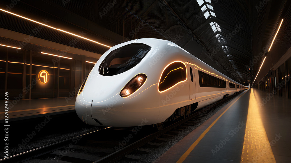 Modern High-Speed Train in Futuristic Station at Night with Glowing Lights Modern High-Speed Train in Futuristic Station at Night with Glowing Lights