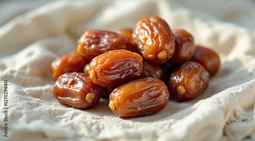 A macro close-up of glossy Medjool dates on wrinkled white linen, highlighting their rich textures and tones. A macro close-up of glossy Medjool dates on wrinkled white linen, highlighting their rich textures and tones.