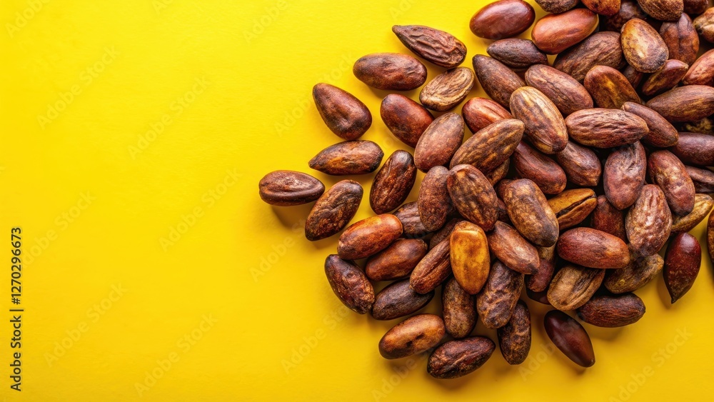Aromatic cacao beans arranged in a visually appealing composition on a yellow background, showcasing the natural texture and color of the fruit , botanical photography, yellow background