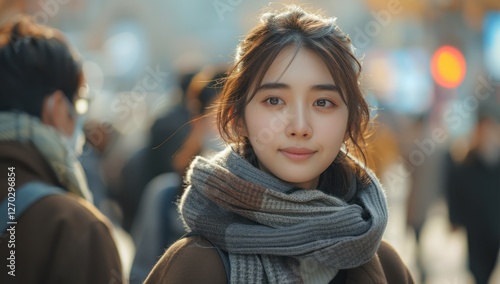 Woman in a Scarf in a City Crowd
