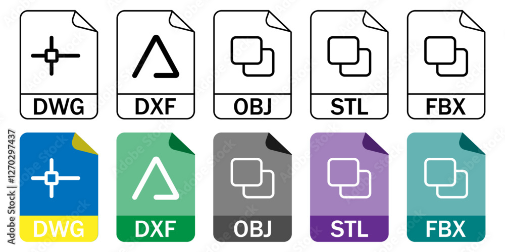 Collection of CAD and 3D file format icons (DWG, DXF, OBJ, STL, FBX) in outline and color styles. Great for architecture, 3D modeling, and engineering projects. Collection of CAD and 3D file format icons (DWG, DXF, OBJ, STL, FBX) in outline and color styles. Great for architecture, 3D modeling, and engineering projects.