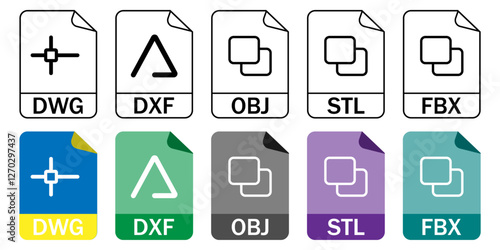 Collection of CAD and 3D file format icons (DWG, DXF, OBJ, STL, FBX) in outline and color styles. Great for architecture, 3D modeling, and engineering projects.