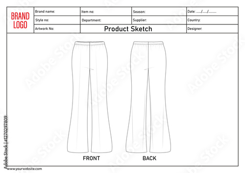 Wide Leg Trousers Pant Product Sketch Technical drawing vector illustration template for ladies
