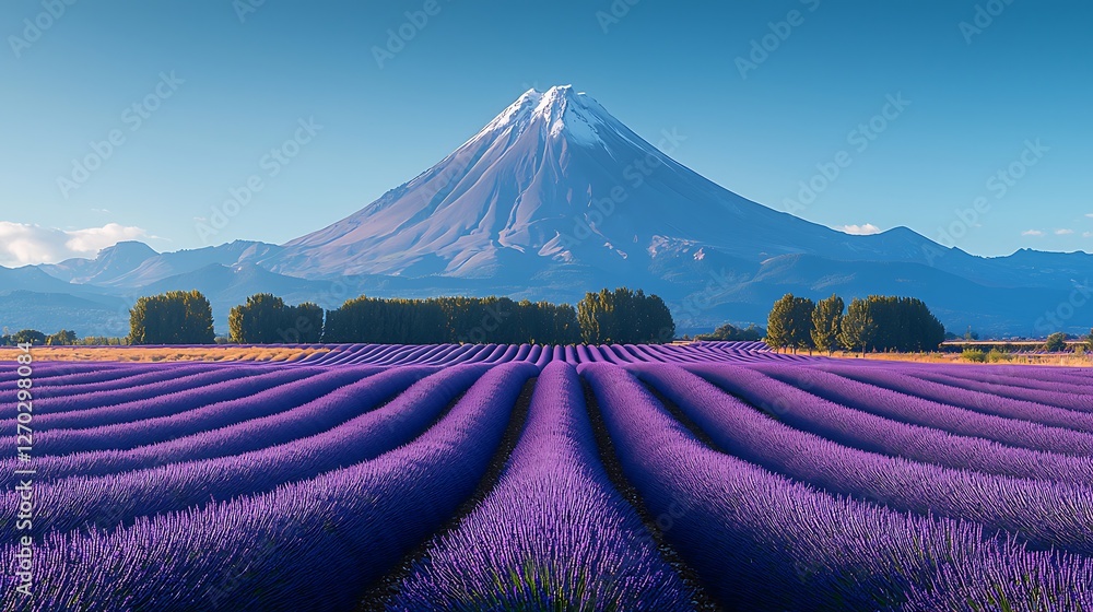 Naklejka premium Lavender fields in full bloom near mount fuji nature photography scenic view vibrant landscape