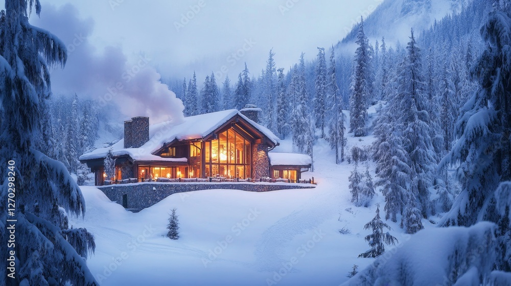 Naklejka premium Cozy Mountain Lodge Covered in Snow with Warm Light Glow