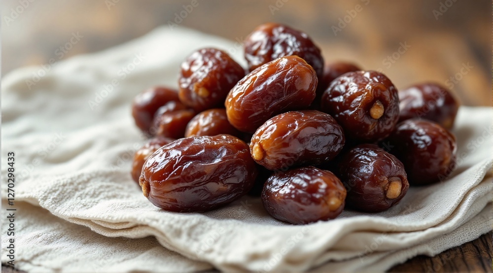 Rich, glossy dates rest on white linen, with soft shadows and a blurred background for a clean, elegant look. Rich, glossy dates rest on white linen, with soft shadows and a blurred background for a clean, elegant look.
