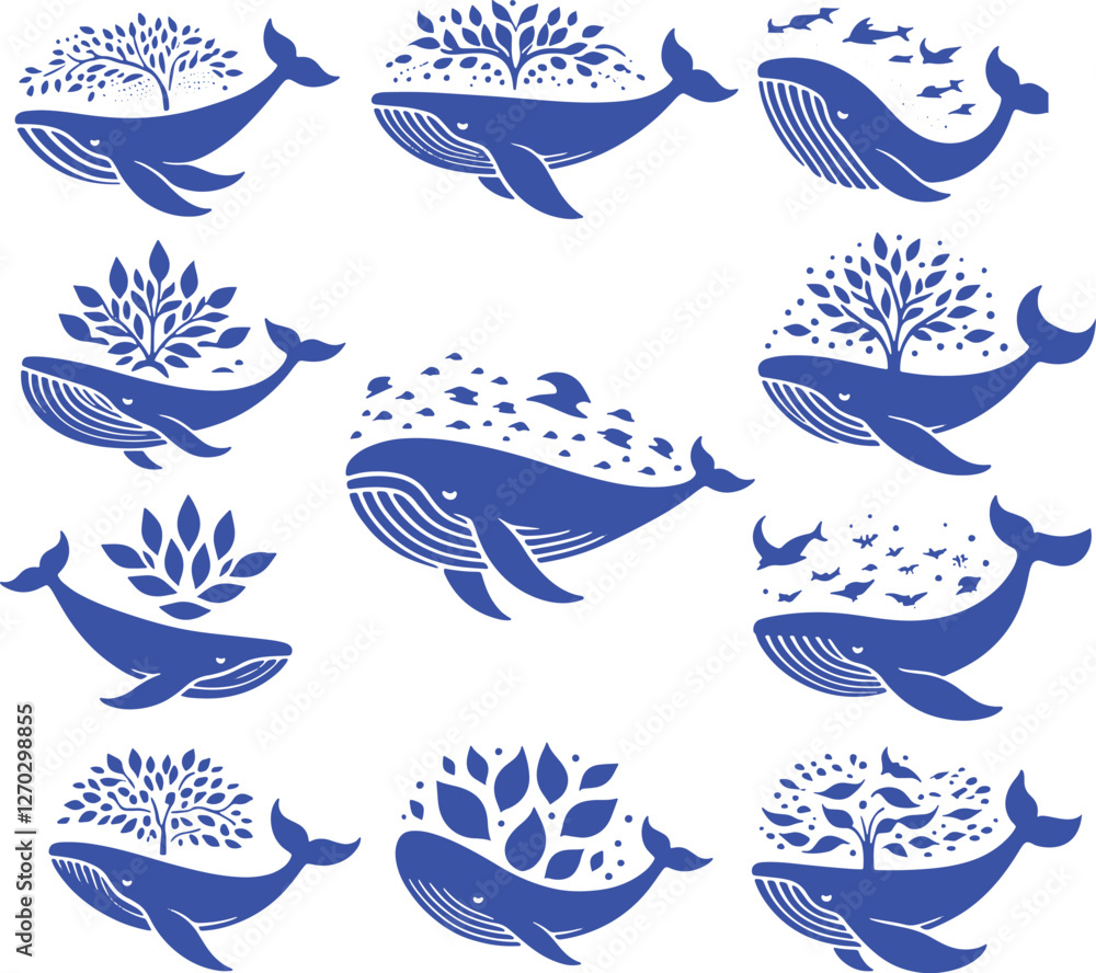 Fototapeta premium Nine whales with trees and fish.